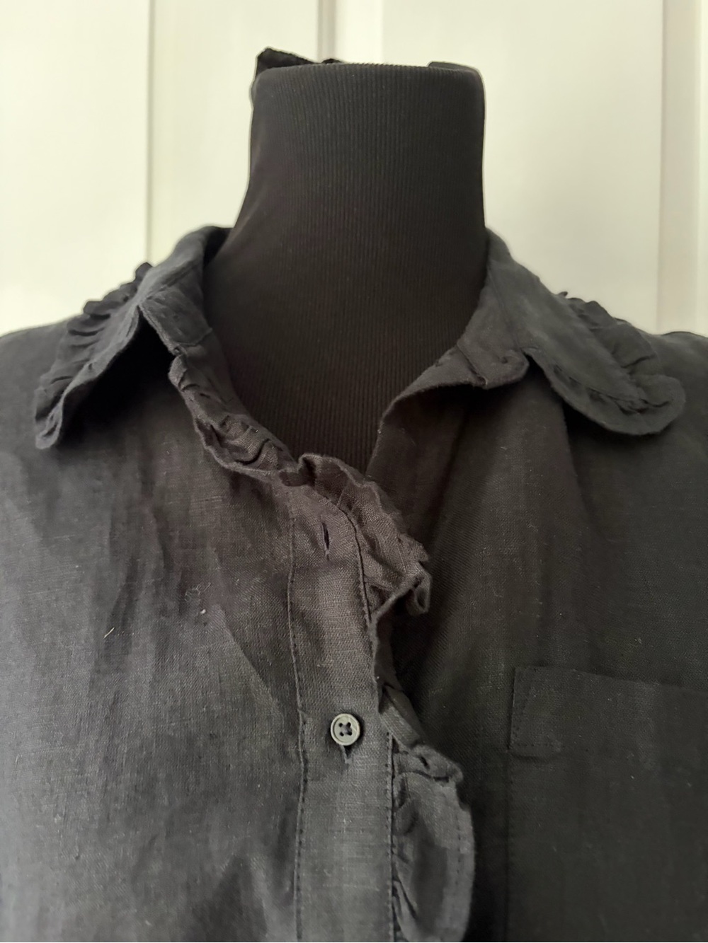 J. Crew Linen Black Ruffle-Trim Button Front Short Sleeve Blouse small - Picture 2 of 5
